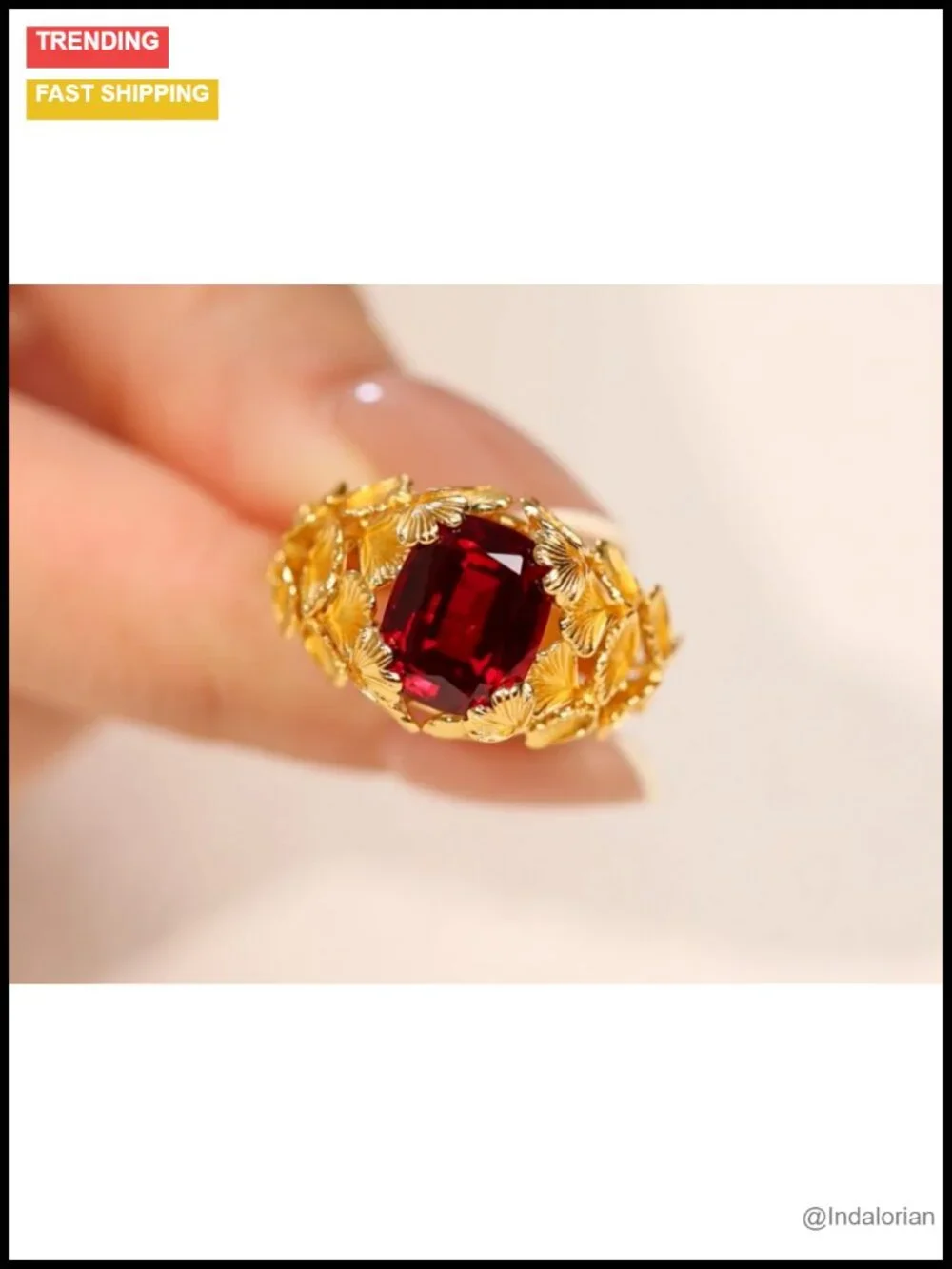 Ginkgo Leaf 3.95ct Lab Grown Ruby Ring 24K Gold Plated Sterling Silver